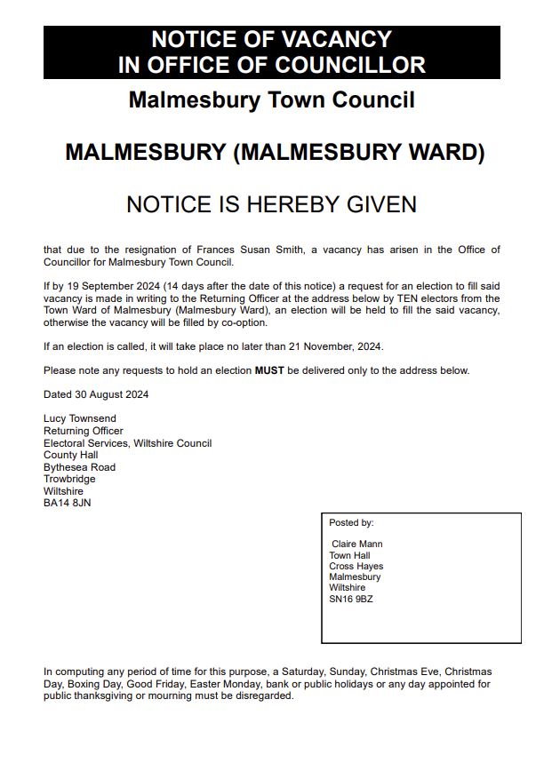 Notice of Vacancy in office of Councillor