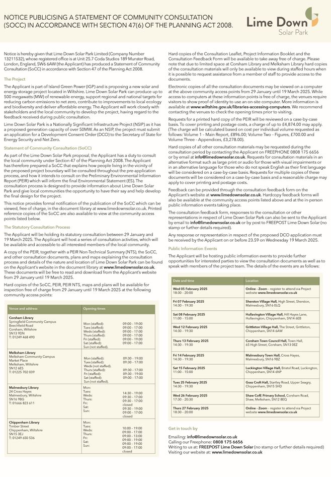 Lime Down Solar Consultation 29th January - 19th March 2025