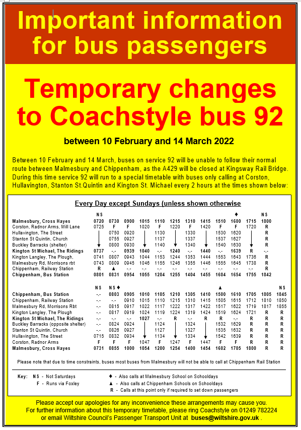 Malmesbury Town Council - Altered Bus Timetable for 92 Chippenham